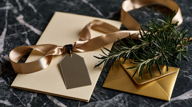 Photorealistic high-end flat lay mockup of a premium sporting event invitation and access pass on a dark marble surface, a thick cream card stock event program, a single silk ribbo