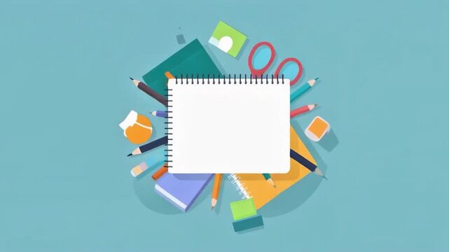 Animated Flat Lay School Supplies Arranging Around a Notebook