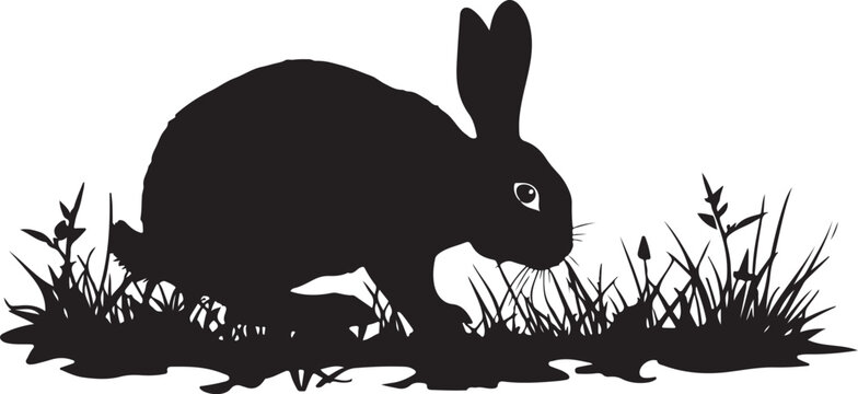 Silhouette of a rabbit in grass, side profile black