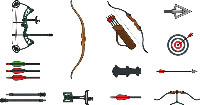 Archery Icon Vector Illustration Featuring Compound Bow, Recurve Bow, Quiver Arrows, Target, Crossbow Design
