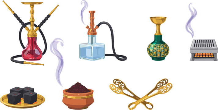 Traditional Hookah and Shisha Vector Element Set Featuring Ornate Water Pipes Smoking Charcoal Tongs and Flavored Tobacco for Lounge Concepts