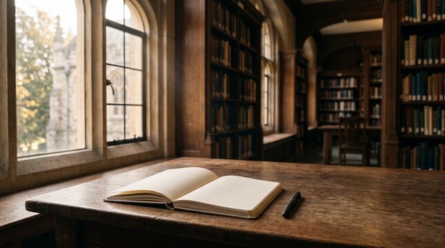 Antique Library Interior with Old Books on Wooden Bookshelves for Education Knowledge Literature and Academic Study