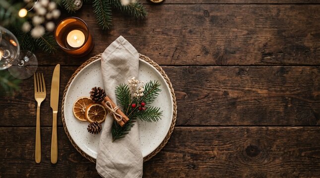 Close up view of premium holiday table setting with linen napkins gold cutlery and glowing amber glass candle holder decorated with dried orange slices and cinnamon sticks on dark wooden layout