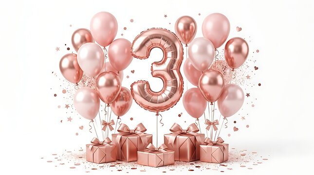 Third birthday celebration with rose gold balloons and gift boxes