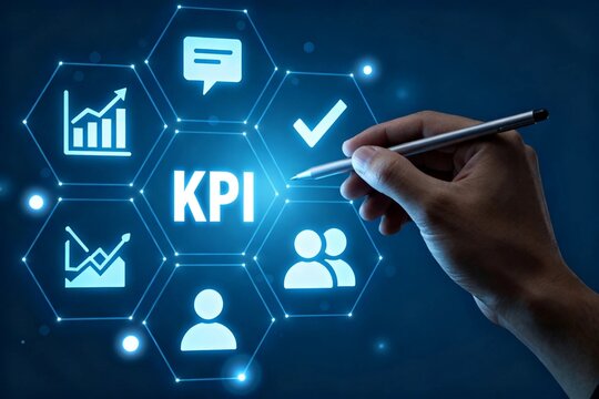 Hand Holding Pen Near KPI Icons on Digital Screen