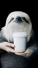 Fototapeta premium Sloth gently holding coffee cup against solid black background