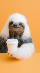 Fototapeta premium Sloth presenting cup on orange studio backdrop