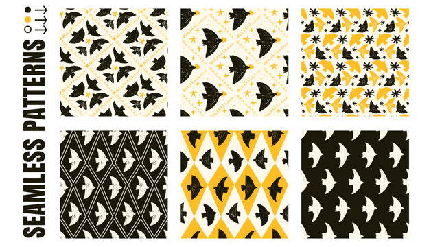 Seamless patterns of bird collection with harlequin geometric silhouette and crayon texture. Bold bird motifs in pattern for fashion print and gifting. Vintage argyle vector set with diamond contrast