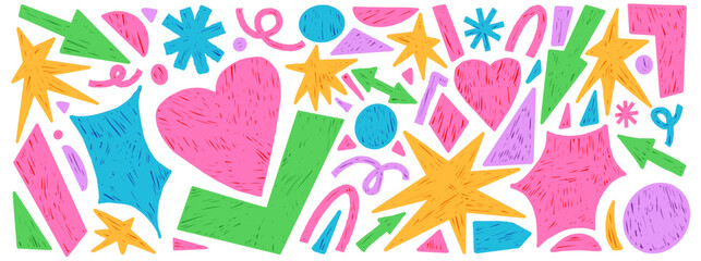 Fototapeta premium Crayon shapes with bright pink green yellow and blue hand drawn doodles on a white surface. Geometric crayon shape pieces for kids poster or kindergarten card. Vector cutout doodle set isolated