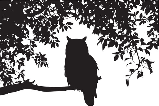 Silhouette of an owl perched on a tree branch leaves