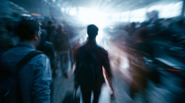 Silhouetted Figure Standing Alone in Crowded Urban Street