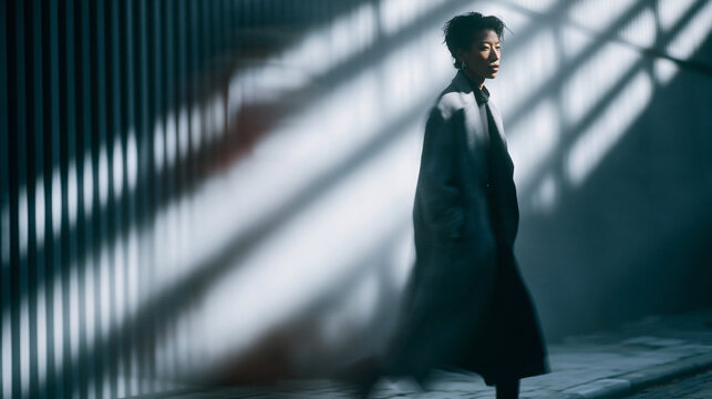 Professional Woman Standing in Modern Office with Dramatic Lighting