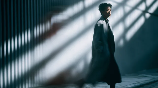 Professional Woman Standing in Modern Office with Dramatic Lighting