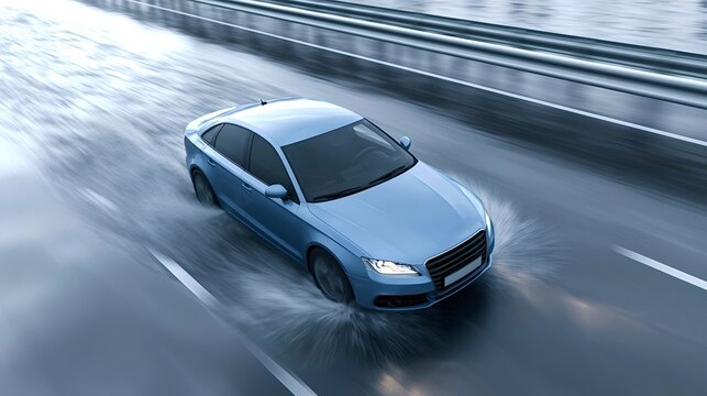 Blue sedan car losing traction on a wet road, creating splashes of water and motion blur while driving at high speed on a multi lane highway during rain