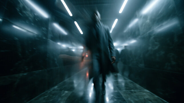 Figure Standing in Futuristic Neon-Lit Corridor
