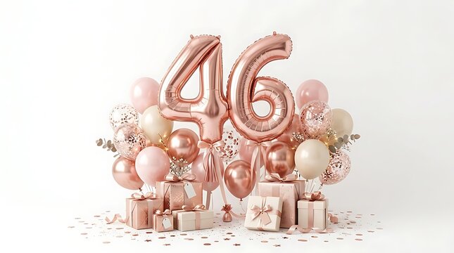 Rose gold 46th birthday celebration with balloons and gift boxes