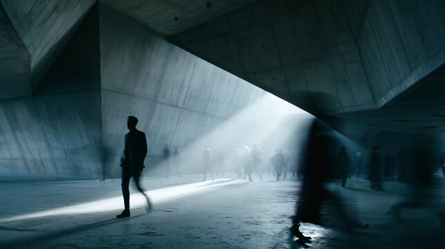 Solitary Figure in Modern Concrete Underpass with Crowds