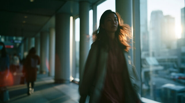Woman Standing in Urban Corridor with City View