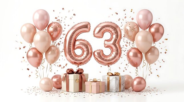 63rd birthday celebration with rose gold balloons and gift boxes