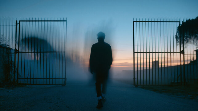 Person Running Through Open Gates at Dusk
