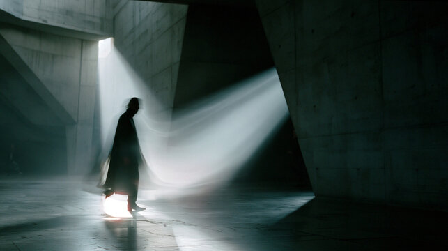 Silhouetted Figure Walking Through Concrete Corridor with Light Rays