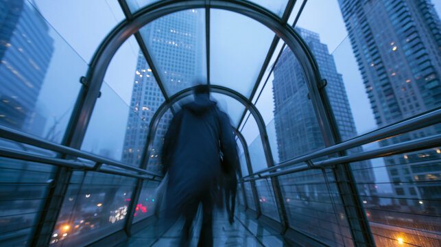 Businessman Walking Through Modern Glass Corridor Toward City Skyline
