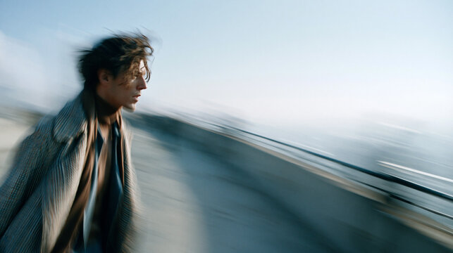 Man Gazing at Distant Horizon with Motion Blur