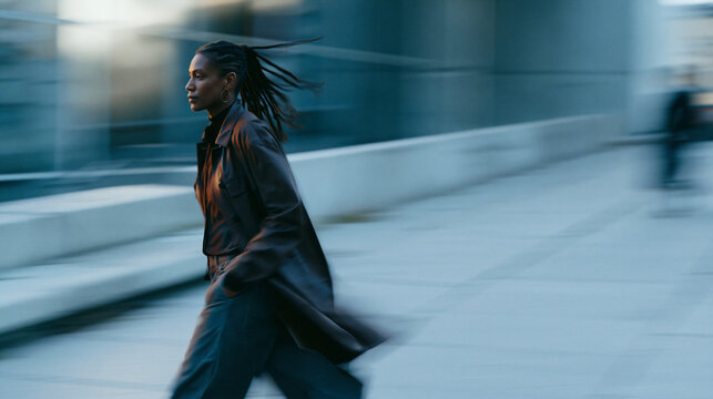Woman Walking Through Urban City Street with Motion