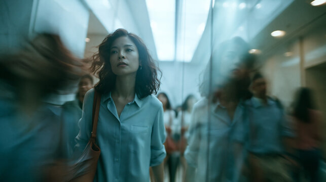 Woman Standing Alone in Crowded Modern Hallway