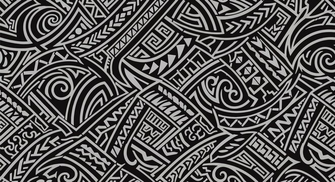 Seamless Hawaiian tribal pattern featuring traditional Polynesian motifs including shark teeth and wave symbols in light grey on a black background for textile and graphic design.