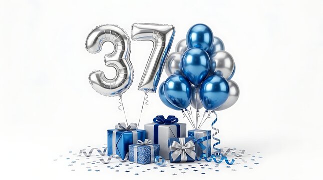 37th birthday celebration with silver balloons gifts and confetti