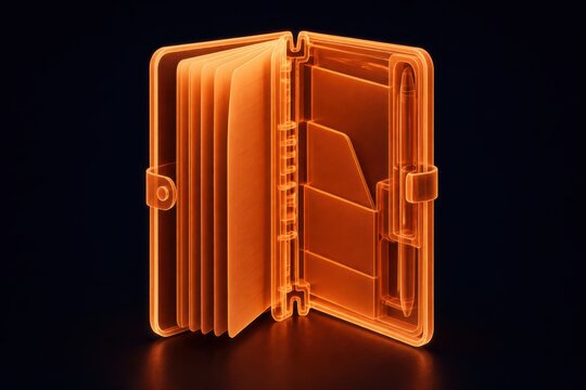 Glowing orange wallet 3D render with open compartments on dark background