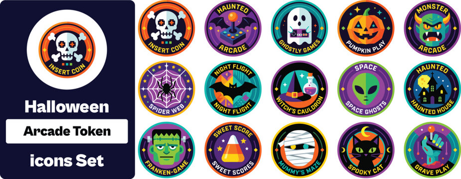 Set of 15 flat icons related to halloween, arcade - collection of skull, joystick, ghost, pumpkin, monster, spider web, bat, witch hat, alien vector elements