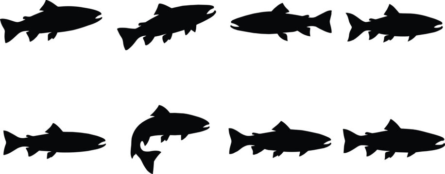 Black salmon and trout fish silhouette collection showing varied swimming poses, curved body movements, aquatic design elements
