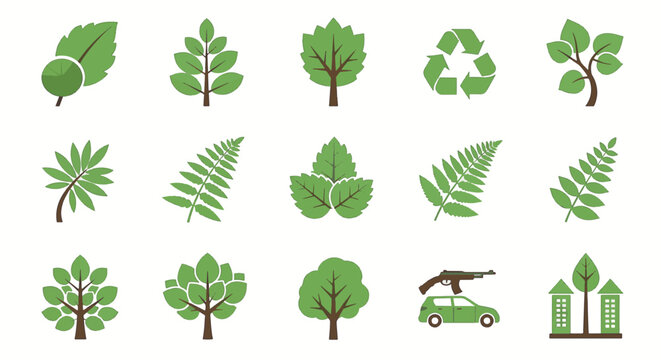 Set of 15 vector nature and ecology icons featuring green leaf variations, stylized trees, a recycling symbol, fern fronds, eco-friendly urban buildings, and a car carrying a rifle.