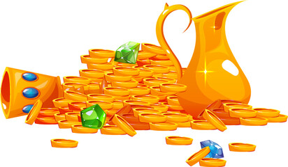 A cartoon pile of shiny golden coins with a matching jug, jeweled goblet, and scattered green gems isolated on a white background. © Vivid Pixel Studio.