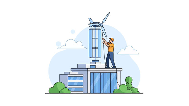 Engineer installing small wind turbine on modern building rooftop for sustainable energy