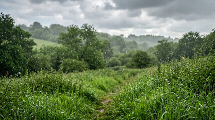 Naklejka premium Lush Green Landscape with Rolling Hills and Overcast Sky