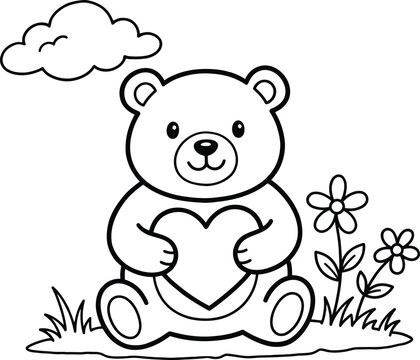 Cute teddy bear holding heart coloring page for kids and toddlers