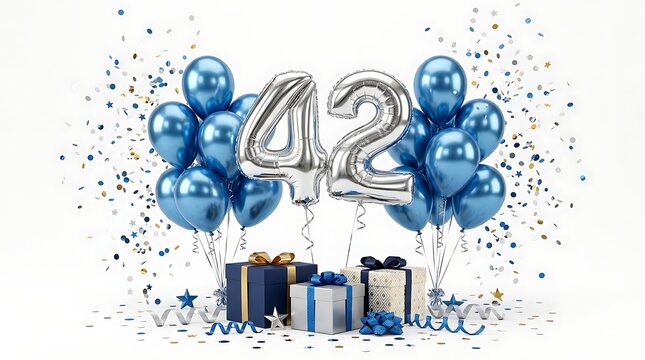42nd birthday celebration with balloons and gift boxes