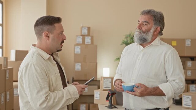 Two men hold a tablet and a coffee cup while one points with his hand at the screen amid stacked parcels in a building; focused teamwork.