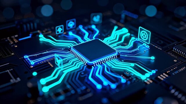 Circuit board with glowing blue lines