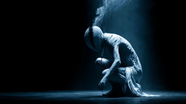Human figure crouching in shadow with cracked head emitting smoke. Concept of psychological trauma, mental breakdown, inner pain and split personality disorder.
