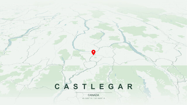 Minimalist vector map of Castlegar, British Columbia. High-quality scalable illustration of Castlegar geographic boundaries, Columbia River and Kootenay River confluence networks for posters design.