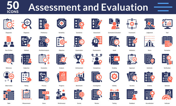 Assessment and Evaluation Mixed Style icon set featuring appraisal, authentic, scrutiny, aptitude, measurement, observation, validity and indicator simple icons. icon