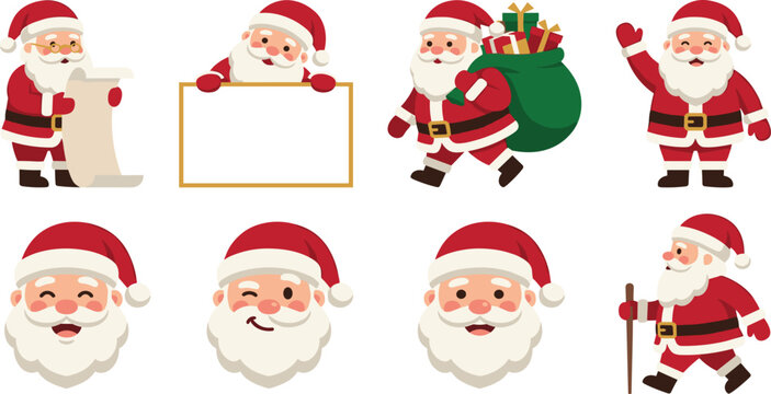 Santa Claus Icon Vector Illustration Featuring Gift Sack, Scroll Reading, Waving Pose, Festive Face Expressions