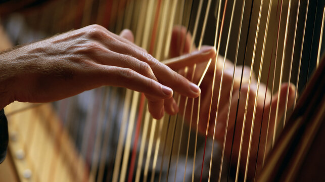 Close-up of harp strings being plucked with light glinting on the strings.