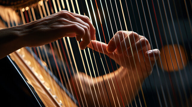 Close-up of harp strings being plucked with light glinting on the strings.