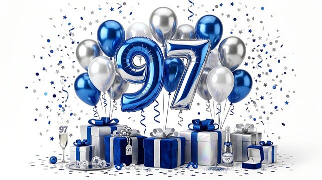 97th birthday celebration with balloons gifts and champagne