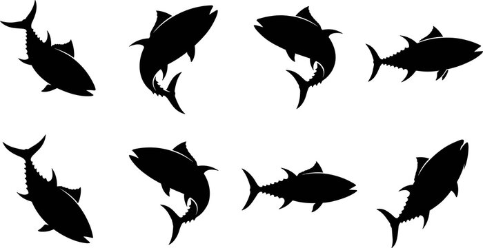 Black tuna fish silhouette collection featuring streamlined bodies and varied swimming poses for aquatic vector design resources